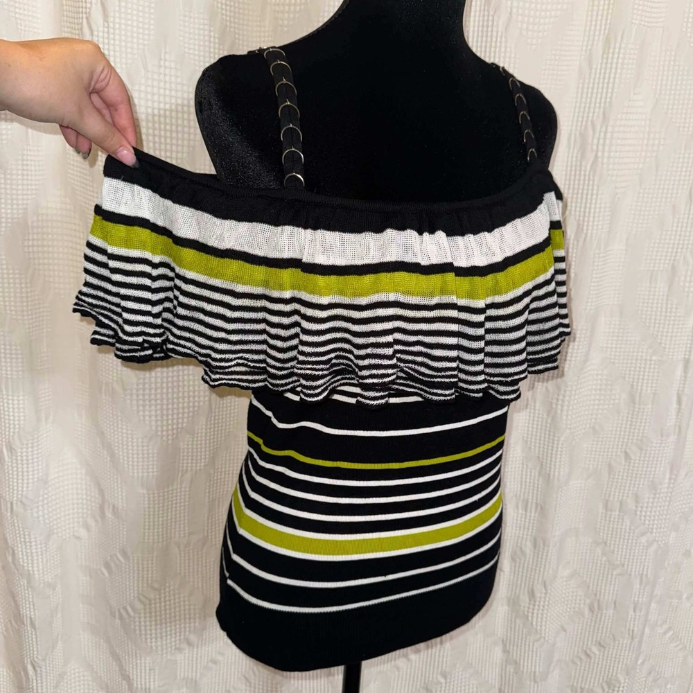 Vintage Cache Cold Shoulder Top Black White Lime Green Stripe Ruffle Small Retro